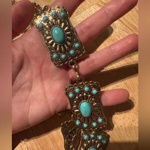 Western Turquoise Concho Chain Belt Gold Tone Boho Festival Statement Belt